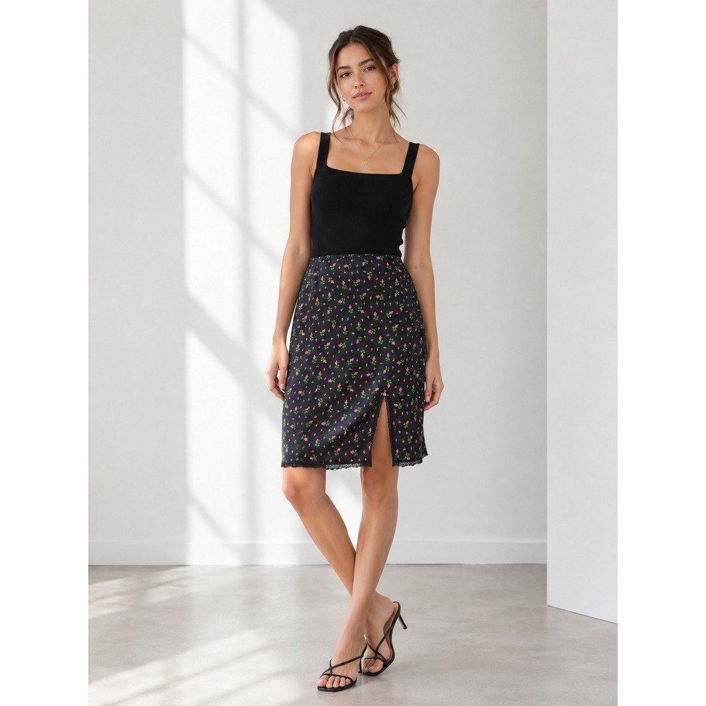 Vintage Betsey Johnson Black Floral Satin Slip Skirt Lace Med Fairy Grunge Y2K